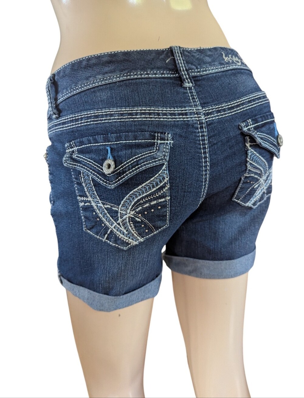 Ariya Dark Blue Embroidered Cuffed Denim Shorts